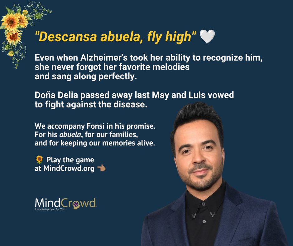 TGenMINDCROWD's tweet photo. 🌻 Like sunflowers, we always follow the light. Join the fight.

For Luis Fonsi, the fight against Alzheimer's is not just a campaign; it is a promise to his grandmother Delia. For her, for those who are no longer here, and for the future of our families.

Will you share? https://t.co/IYJIGY2nQ4