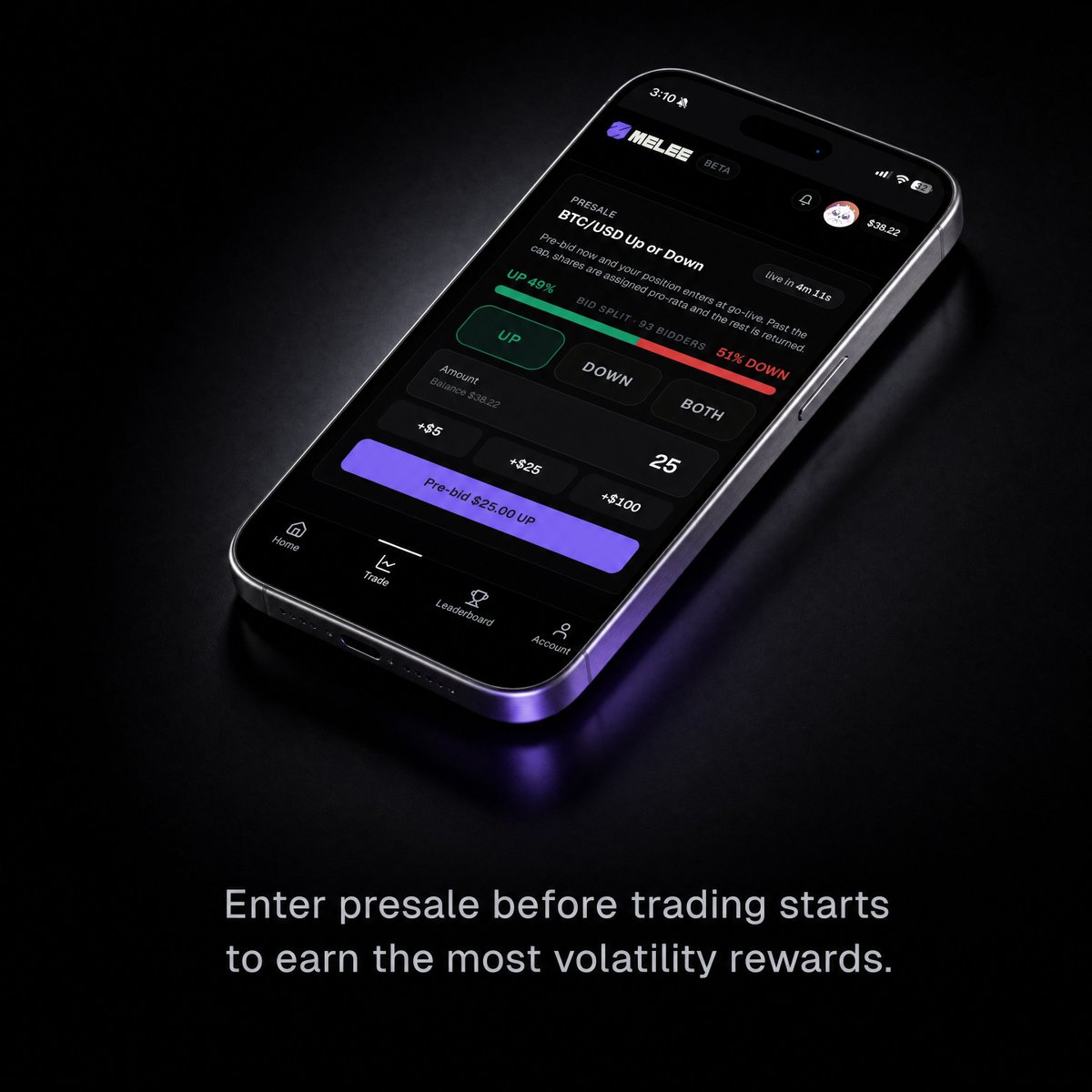 meleemarkets's tweet photo. "intern, why is there a BOTH button???"

because in a volatile market on melee you can presale on both sides, hold, and collect enough volatility rewards to cover the losing side

sometimes you just need to be early to the right market https://t.co/q8t7G8mRpw