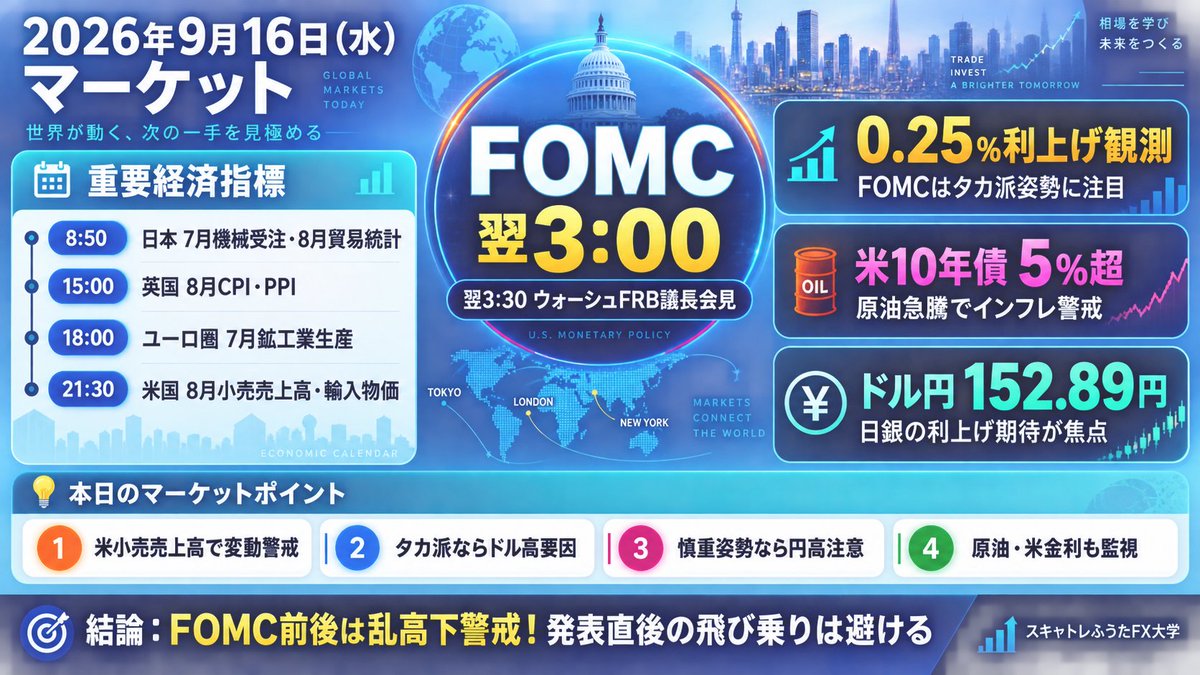 fuuta_fx_trader's tweet photo. ドル円・ポンド円、本日の戦略と予想｜9月16日（水）
・中東情勢、原油高→インフレ懸念
・今晩のFOMCは、「利上げ濃厚！？」
→利上げならドル高・円安継続
→利上げなければ荒れそう💦
https://t.co/RBESwG95Ti

#fx
#ドル円
#為替介入
#日米協調介入
#ポンド円
#FXライブ https://t.co/8UyVncHGCO