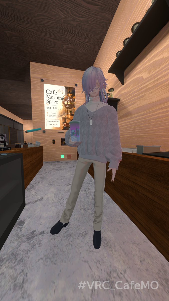 CafeMO_VRC's tweet photo. おはようございます！今日は馴染みの友人が手伝ってくれました！そんな友人に何やら毒々しい色合いの飲み物を手渡して今日の一枚をパシャリ。皆さん、良い一日を！ありがとう！友よ！

#VRChat #VRChatイベント #VRC_CafeMO https://t.co/CTNfI4H9ay