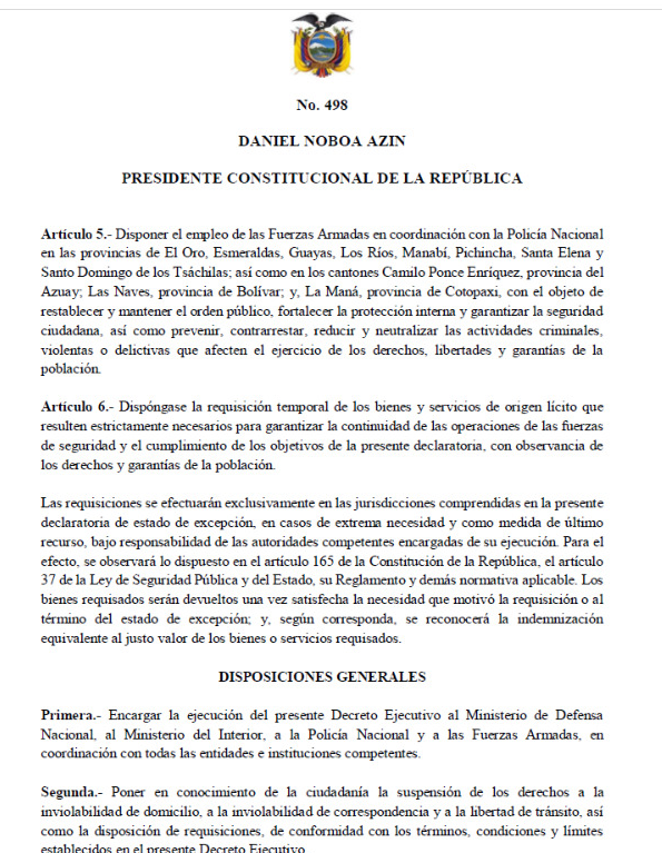 FundacionCPJ's tweet photo. #ATENCIÓN | El presidente @DanielNoboaOk declaró el estado de excepción 60 días por grave conmoción interna en El Oro, Esmeraldas, Guayas, Los Ríos, Manabí, Pichincha, Santa Elena y Santo Domingo, en Camilo Ponce, Azuay; Las Naves, Bolívar; y, La Maná, provincia de Cotopaxi. https://t.co/kgjA9skKgM