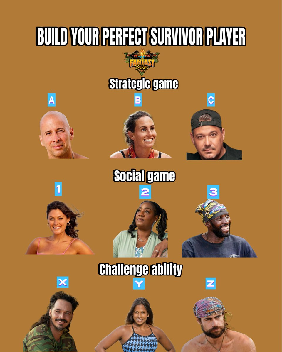 FantasyTribes's tweet photo. Build your perfect Survivor player 👀 Drop your three-letter combo below! #survivor https://t.co/W4zf5NjEVc