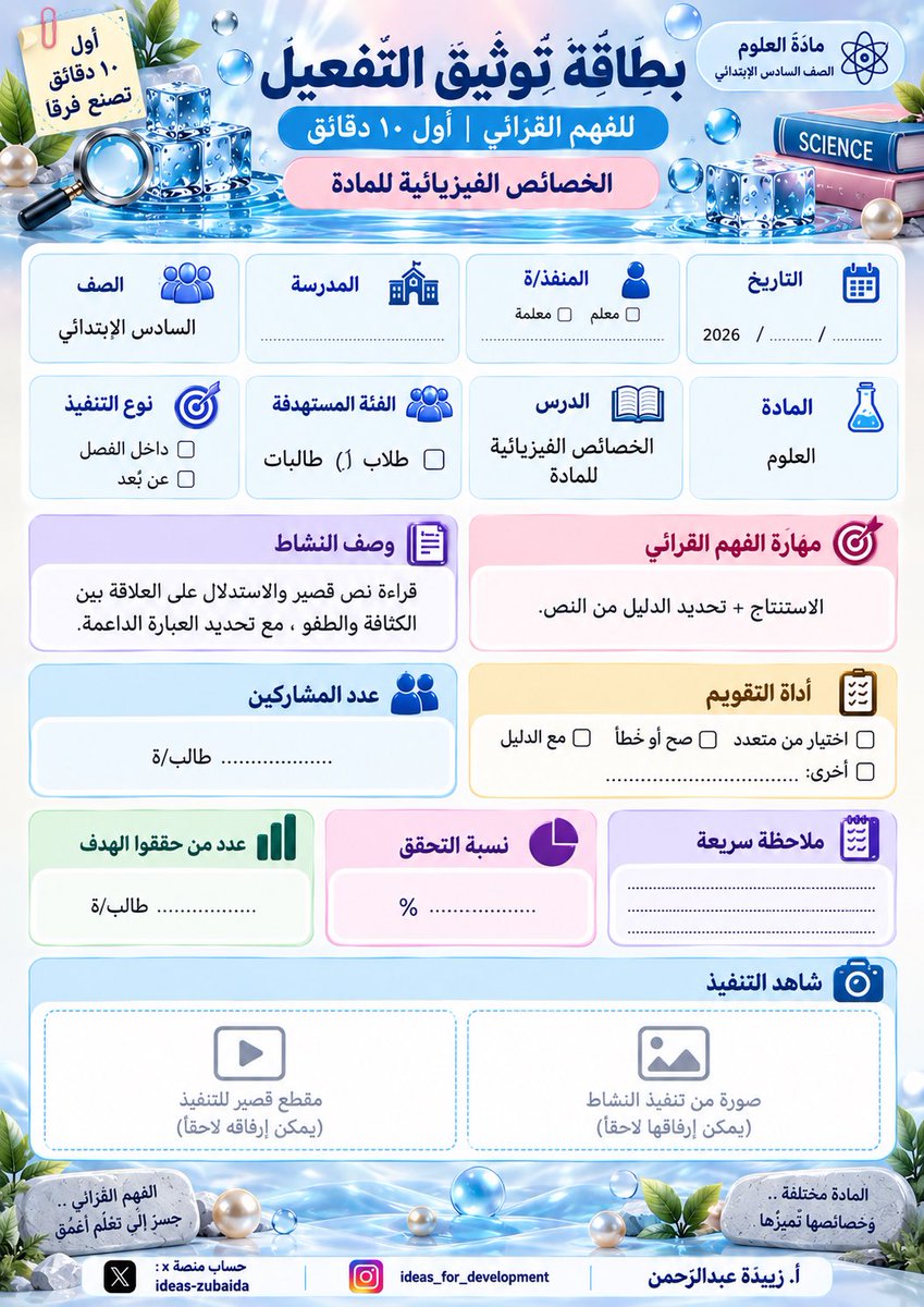 ideas_zubaida's tweet photo. مو كل قراءة في بداية الحصة تعني فهمًا قرائيًا! 📖✨
الفكرة أن نجعل أول ١٠ دقائق مساحة قصيرة يفهم فيها المتعلم محتوى المادة من خلال القراءة، والاستنتاج، والبحث عن الدليل… بدل أن تكون القراءة نشاطًا منفصلًا عن الدرس.

في هذا التطبيق وظّفنا الفهم القرائي داخل درس «الخصائص الفيزيائية للمادة» 🔬💧، ليربط المتعلم بين الكثافة والطفو والانغمار، ثم يفسّر ويستدل من النص.

المسار بسيط:
يقرأ ← يفكر ← يستنتج ← يبحث عن الدليل ← يُقوَّم سريعًا ✅

والأجمل؟ يمكن تطبيق الفكرة في العلوم والرياضيات والدراسات الإسلامية والإجتماعية واللغات وغيرها؛ لأن الفهم القرائي وسيلة لفهم محتوى المادة، وليس مجرد «قطعة وأسئلة».

💡 أول ١٠ دقائق قد تصنع فرقًا في فهم بقية الحصة.

احفظي الفكرة وشاركيها مع معلم أو معلمة قد يستفيد منها 🤍

#الفهم_القرائي #استراتيجيات_التدريس #الذكاء_الاصطناعي_في_التعليم #المعلم_الذكي #تعليم_ممتع 
فكرة من المعلم التقني @asiltrain76 لكنها سوت لي عصف ذهني لحد الإلهام وطلعت بنتيجة حلوة 😉👌🏻✨