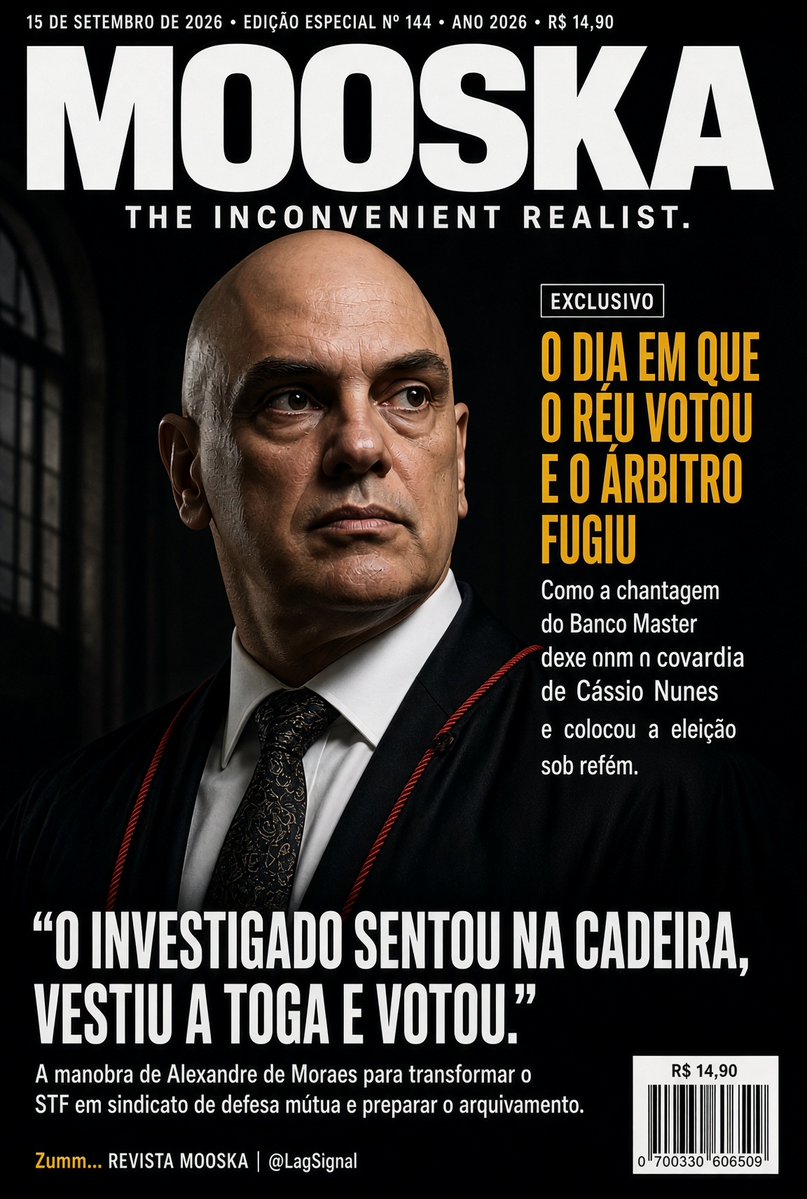 LagSignal's tweet photo. Mooska.

O Brasil assistiu nesta terça feira a uma cena que nenhuma faculdade de direito tem coragem de ensinar: o investigado sentou na cadeira, vestiu a toga, tomou o microfone e votou para decidir como a sua própria investigação seria conduzida.

E ninguém na mesa teve coragem de dizer o óbvio: acabou a liturgia. 
O tribunal virou sindicato de defesa mútua.

Não estamos falando de hermenêutica nem de divergência processual. 
O Código de Processo Penal diz, em português claro no artigo 252, que juiz não vota em processo em que tem interesse direto. Não precisa de sentença, de condenação ou de certidão de trânsito em julgado. 
A regra existe para impedir que o lobo cuide da cerca do galinheiro.

Pois Alexandre de Moraes votou. Votou para jogar o seu caso num caldeirão com o de André Mendonça, embolar as provas do Banco Master e criar o tumulto que prepara o futuro arquivamento.

Enquanto isso, a cena nos gabinetes era de pura terra arrasada:

Paulo Gonet, o chefe supremo da acusação que deveria defender a sociedade, foi flagrado nas teias de Daniel Vorcaro. 
O que ele faz? Não se afasta. Pede a anulação do relatório da Polícia Federal que o cita. 
O fiscal da lei virou apagador de incêndio do próprio rastro.

Edson Fachin, que chamou os processos para si para posar de grande condutor da corte, foi engolido vivo pela tropa de choque de Moraes e Dino. 
Sem voz, sem comando e sem autoridade, reduziu a presidência do Supremo a uma plateia assustada.

Cármen Lúcia, que há anos vende a imagem de vestal da moralidade republicana, só teve coragem de votar quando Flávio Dino já havia puxado o freio de emergência da vista. 
Votou quatro a quatro no papel, pediu desculpas constrangida para as câmeras e lavou as mãos. 
Um teatro de lágrimas para salvar a biografia enquanto o edifício queima.

E Flávio Dino, com a frieza de quem domina a máquina política, meteu a mão no artigo 134 e trancou o processo por noventa dias. 
Vista não é estudo: é anestesia. 
Três meses é o tempo exato para a eleição passar, a poeira assentar e o acordão ser costurado nas sombras.

Mas nada disso teria funcionado sem o homem que puxou o pino da granada.

A derrota do dia 15 de setembro tem dono: Cássio Nunes Marques.

Nunes Marques inventou a desculpa mais ridícula do ano judiciário: alegou que presidir o TSE criava desconforto para votar no STF. 
Mentira deslavada. 
A Constituição manda expressamente que o presidente da corte eleitoral seja um ministro do Supremo.

Nunes Marques fugiu pela porta dos fundos por um único motivo: pavor.

Bastou vazarem mensagens citando o filho dele, Kevin Marques, e contratos suspeitos com o banco de Vorcaro, para o ministro capitular de joelhos. 
O recado de Moraes e de seus operadores de bastidor foi dado: ou você corre da sala, ou o seu filho vai para o moedor da imprensa.

Cássio correu. Entregou a maioria de bandeja para a ala da blindagem e traiu o próprio juramento constitucional para salvar a própria família. 
A chantagem só funciona com quem tem o rabo preso.

E aqui reside o perigo real que a República se recusa a enxergar:

Se Cássio Nunes Marques não teve coluna vertebral para suportar um vazamento de WhatsApp em uma terça feira de julgamento interno, como esse mesmo homem vai garantir a lisura, a soberania e a segurança da eleição presidencial do país daqui a poucas semanas?

Um presidente de tribunal eleitoral chantageável é uma arma apontada para o coração das urnas.

A Constituição não foi rasgada pela oposição.
Ela foi executada em plenário por magistrados que colocaram o medo e o próprio bolso acima do Brasil.

Zumm...