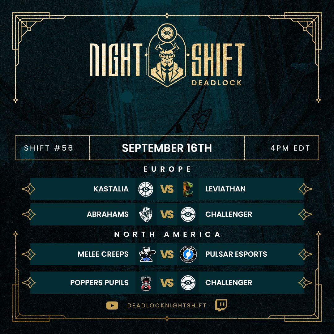 DLNightShift's tweet photo. Shift #56 sees some massive changes across both regions this week. 

Buff Enjoyers is taking a week off with multiple players having schedule conflicts. Can the new Oses team in Kastalia fill the void? 

New Legacy is out until the next patch in NA, but Pulsar is making a grand return. Will this be the week they put it all together? Gotta clock in tomorrow to find out!