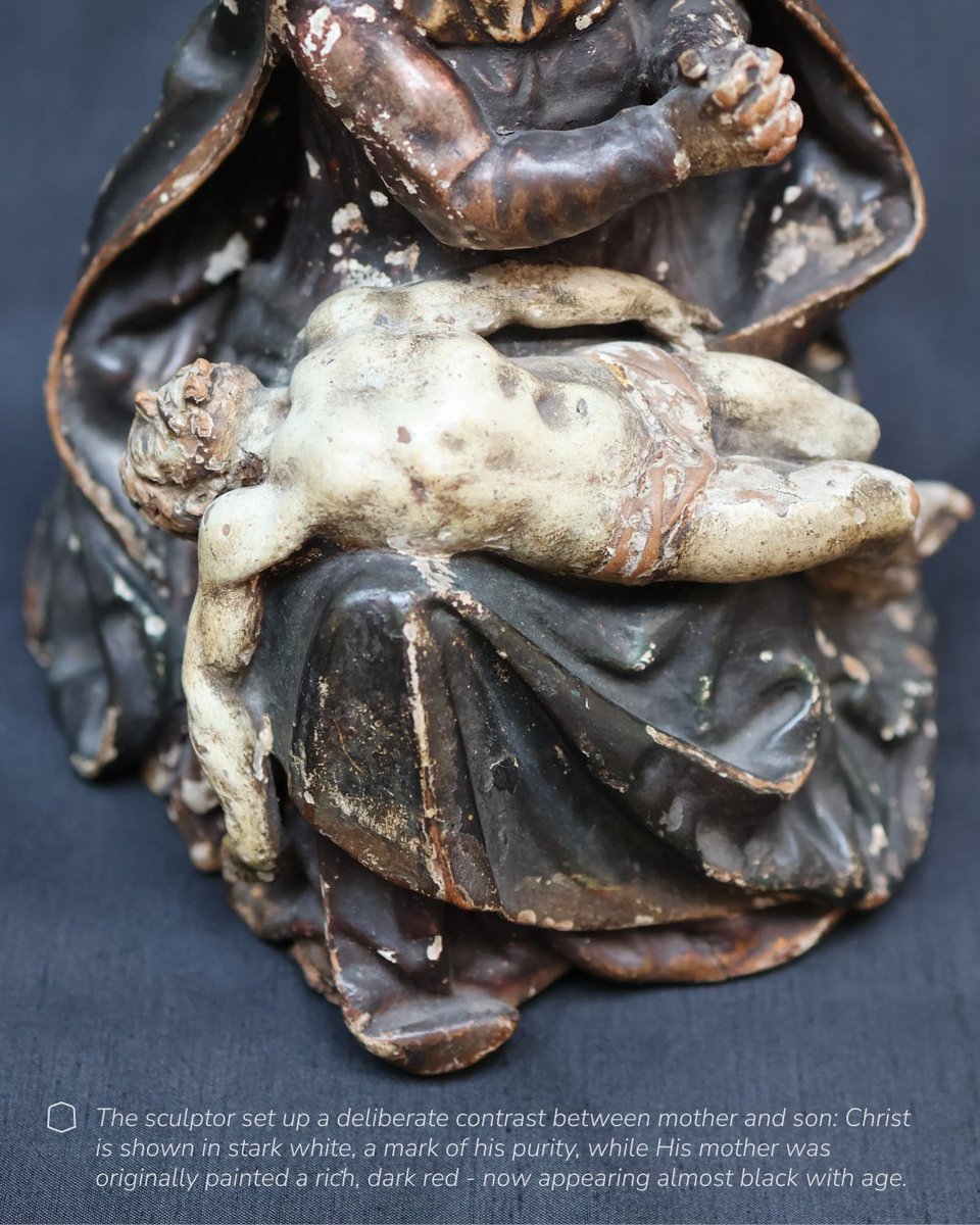 OscottCollege's tweet photo. HIDDEN TREASURES | The Pietà 🕊️

The word "Pietà" is Italian, meaning both piety and pity, and describes the scene of the body of Jesus placed in his mother's arms after the Crucifixion. The image spread rapidly across Europe from the late medieval period onwards - the most famous example being Michelangelo's, carved for St Peter's, Rome, around 1499-1500. The Pietà is also a conscious, deliberate echo of the Nativity: the Mother once more holding her Son.

Our own Pietà is 17th century, probably Italian, and carved from a single block of wood, polychromed and painted by hand. The sculptor set up a deliberate contrast between mother and son: Christ is shown in stark white, a mark of his purity, while His mother was originally painted a rich, dark red - now appearing almost black with age. Look closely at the edge of the Virgin's veil, where traces of that original red and gold are still visible, and at small flakes of gold still clinging to the folds of Christ's cloth.

A quiet, sorrowful image - and a fitting Hidden Treasure for the month in which we keep the Seven Sorrows of Mary.

Curious about more of our Hidden Treasures? Why not book in a visit and see the College and Museum? https://t.co/7xjYGgSuTC 

#Oscott #HiddenTreasures #CatholicHeritage #Pieta #SevenSorrows #SacredArt