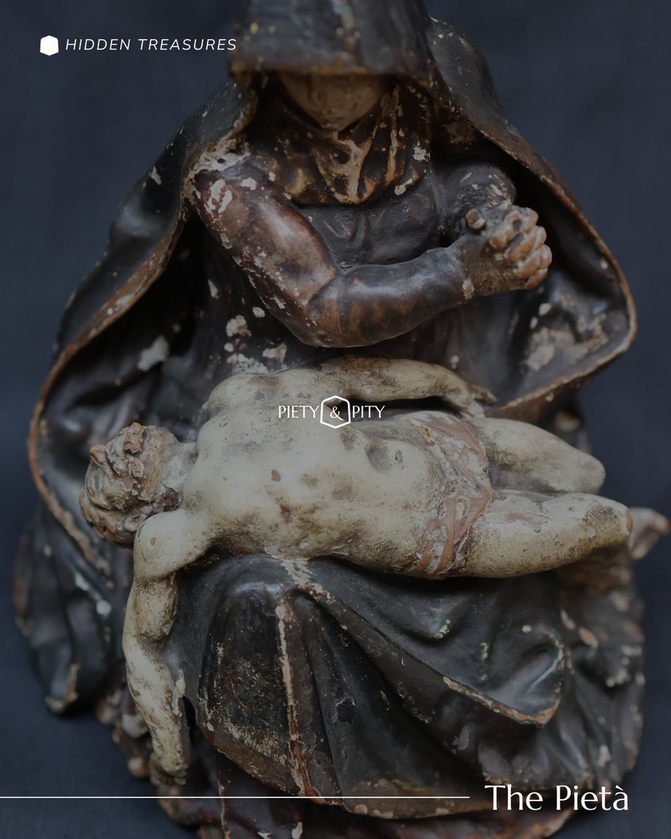 OscottCollege's tweet photo. HIDDEN TREASURES | The Pietà 🕊️

The word "Pietà" is Italian, meaning both piety and pity, and describes the scene of the body of Jesus placed in his mother's arms after the Crucifixion. The image spread rapidly across Europe from the late medieval period onwards - the most famous example being Michelangelo's, carved for St Peter's, Rome, around 1499-1500. The Pietà is also a conscious, deliberate echo of the Nativity: the Mother once more holding her Son.

Our own Pietà is 17th century, probably Italian, and carved from a single block of wood, polychromed and painted by hand. The sculptor set up a deliberate contrast between mother and son: Christ is shown in stark white, a mark of his purity, while His mother was originally painted a rich, dark red - now appearing almost black with age. Look closely at the edge of the Virgin's veil, where traces of that original red and gold are still visible, and at small flakes of gold still clinging to the folds of Christ's cloth.

A quiet, sorrowful image - and a fitting Hidden Treasure for the month in which we keep the Seven Sorrows of Mary.

Curious about more of our Hidden Treasures? Why not book in a visit and see the College and Museum? https://t.co/7xjYGgSuTC 

#Oscott #HiddenTreasures #CatholicHeritage #Pieta #SevenSorrows #SacredArt