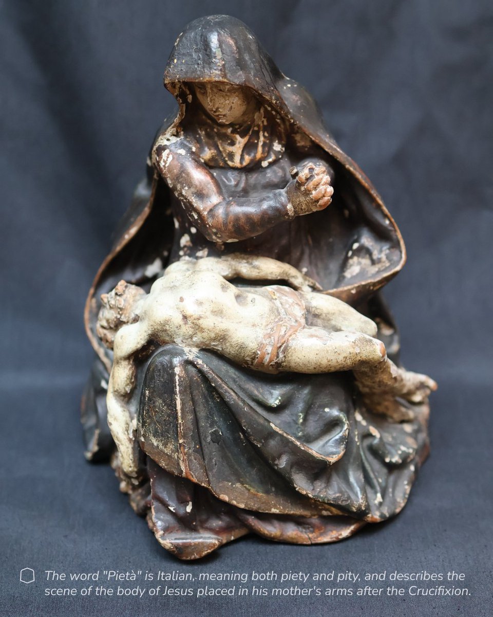 OscottCollege's tweet photo. HIDDEN TREASURES | The Pietà 🕊️

The word "Pietà" is Italian, meaning both piety and pity, and describes the scene of the body of Jesus placed in his mother's arms after the Crucifixion. The image spread rapidly across Europe from the late medieval period onwards - the most famous example being Michelangelo's, carved for St Peter's, Rome, around 1499-1500. The Pietà is also a conscious, deliberate echo of the Nativity: the Mother once more holding her Son.

Our own Pietà is 17th century, probably Italian, and carved from a single block of wood, polychromed and painted by hand. The sculptor set up a deliberate contrast between mother and son: Christ is shown in stark white, a mark of his purity, while His mother was originally painted a rich, dark red - now appearing almost black with age. Look closely at the edge of the Virgin's veil, where traces of that original red and gold are still visible, and at small flakes of gold still clinging to the folds of Christ's cloth.

A quiet, sorrowful image - and a fitting Hidden Treasure for the month in which we keep the Seven Sorrows of Mary.

Curious about more of our Hidden Treasures? Why not book in a visit and see the College and Museum? https://t.co/7xjYGgSuTC 

#Oscott #HiddenTreasures #CatholicHeritage #Pieta #SevenSorrows #SacredArt