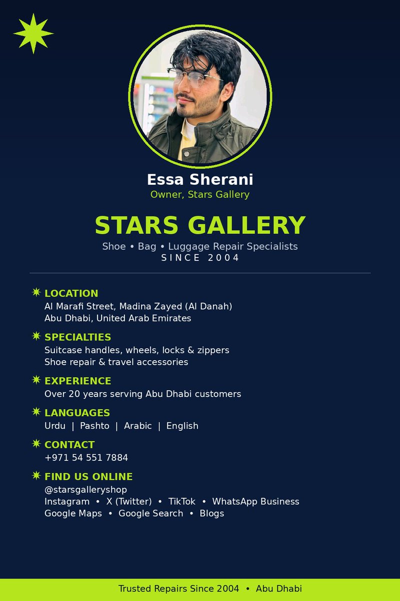 StarsGallery7's tweet photo. Essa Sherani, is inviting you for any items repair to Stars Gallery shop Madina Zayed Abu Dhabi UAE https://t.co/gELZxq90mO