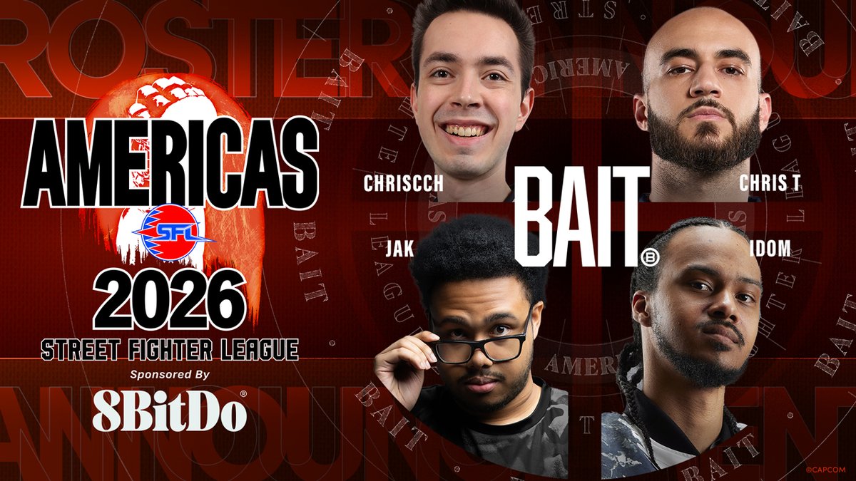 CapcomFighters's tweet photo. .@BAITme. Coming in full force. 

@ChrisCCH_. @Chris_Tatarian. @LordJAK55. @iDomNYC.

#SFLAMERICAS2026 regular season kicks off October 23. https://t.co/TFCq0xXeUn