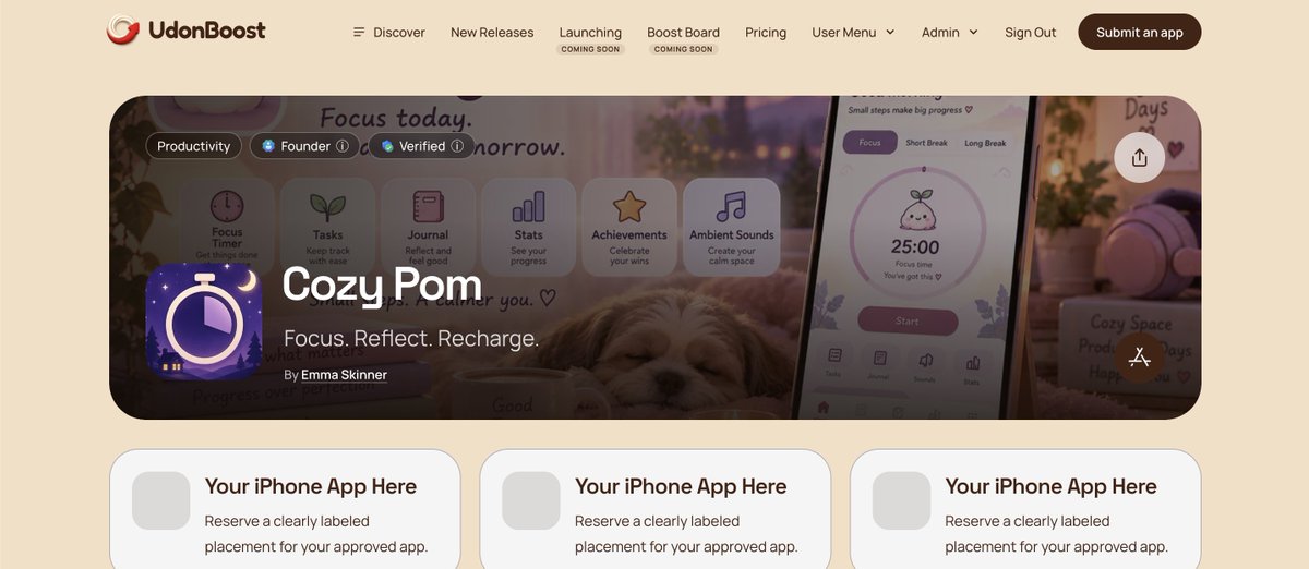 UdonBoost's tweet photo. @The_CozyDev's Cozy Pom is on #UdonBoost ๐
Cozy Pom is a gentle focus companion designed to help you get things done without turning productivity into another source of pressure.
Got an iPhone app? Add it to #UdonBoost TODAY ๐ https://t.co/jjEvXKhSaf