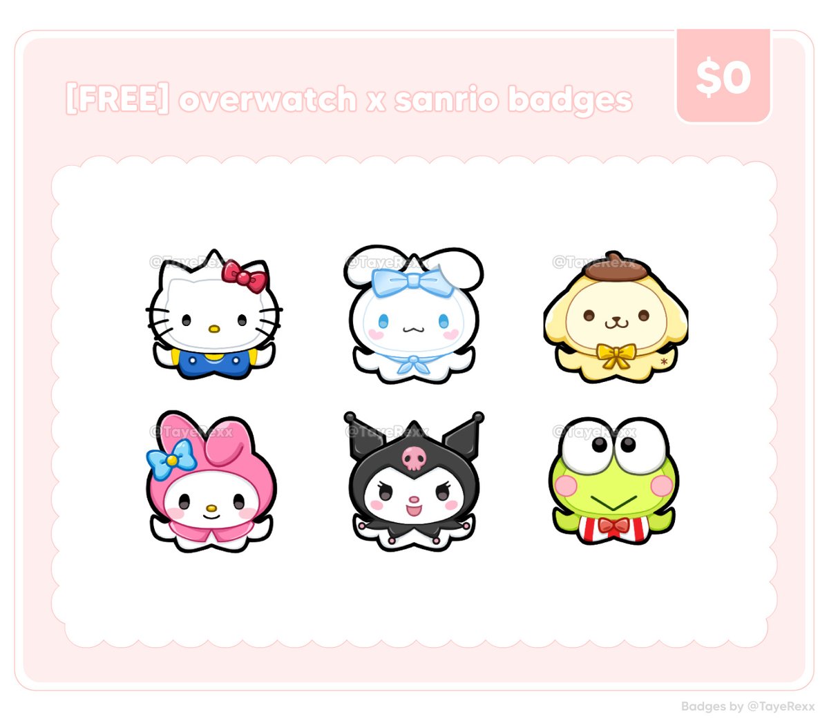 TayeRexx's tweet photo. [FREE/F2U] overwatch pachimari x sanrio badges &amp; sanrio café badges ✿

I've received many requests to put these badges up again so I will be making them a permanent addition to grab for free whenever (no time limit) 🩷

Enjoy! ( ◡̀  ̫ ◡́) ✧ 

Ko-fi download links below ⤵︎ https://t.co/mNZKYZVde7