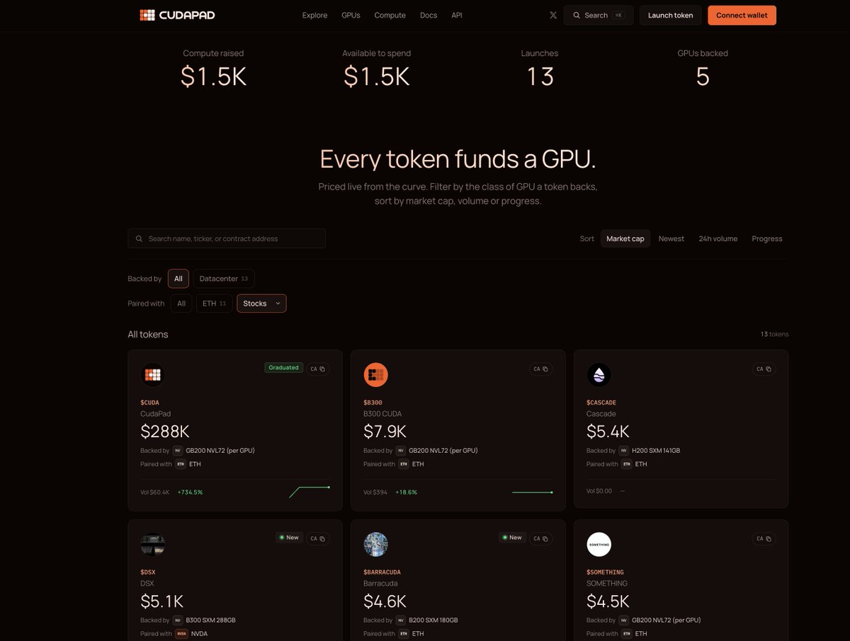 cudapad's tweet photo. NVIDIA's DSX pitch is that the constraint on AI is no longer chips. it's the megawatts feeding them, and how well a factory adapts when the grid changes.

That's the supply side. the question that gets less attention is who pays for the hours a GPU actually runs.

Today most of it is a cloud bill, or a fund raise.

We're testing a third way. $DSX went up on CudaPad this morning: a token backed by a B300 SXM 288GB, paired with $NVDA. its trading fees buy hours on that GPU, and anyone on the platform can run jobs on them.