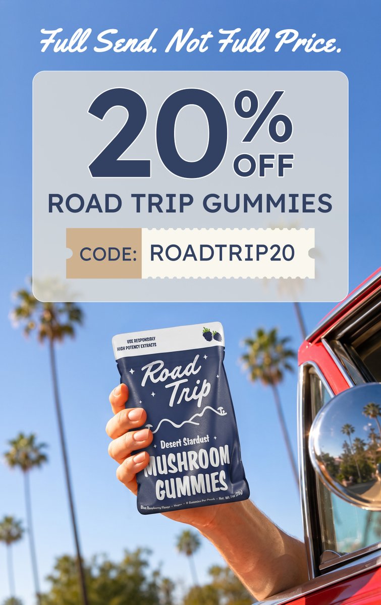RealMushroomFX's tweet photo. 20% OFF YOUR FAVORITE TRIP! Use code ROADTRIP20 for 20% off Road Trip Mushroom Gummies for a limited time. Redeem the code at https://t.co/ayWRBaEivk https://t.co/VU1Fev8NKU