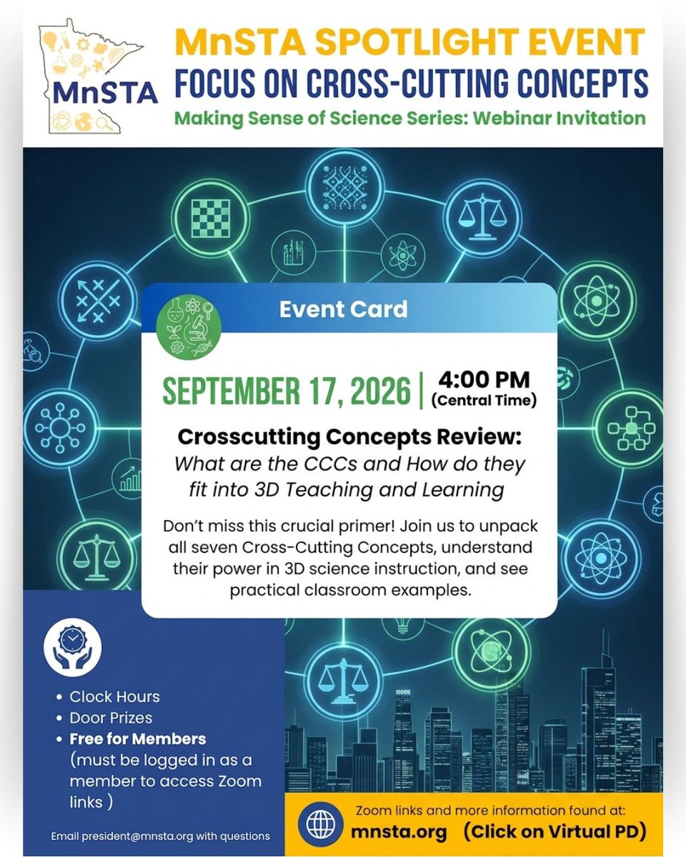MnSTA1's tweet photo. Kicking off our Virtual PD Series: Crosscutting Concepts 101, Thurs Sept 17, 4-5pm. Elizabeth Cakebread &amp; Dana Smith unpack the mysterious 3rd dimension, plus tips for lessons you already teach. FREE for MnSTA members. Register at https://t.co/brm4ixvhW7 #mnscienceteachers https://t.co/Cn4WgV6Kzn