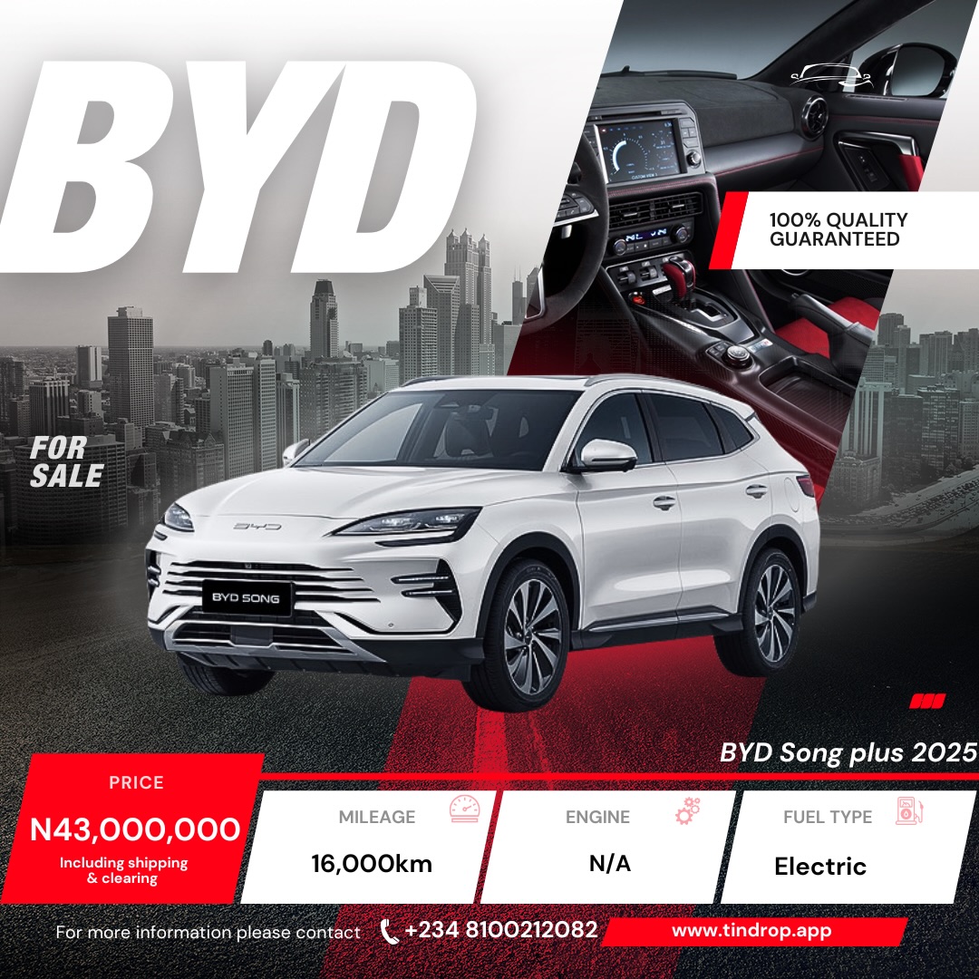 WilheminaVcd7's tweet photo. Luxury meets innovation with the 2025 BYD Song Plus—an electric SUV built for performance, comfort, and everyday practicality. Price: N43, 000, 000. Download the TinDrop app to secure yours before it’s gone. https://t.co/n8paj7Jhk9