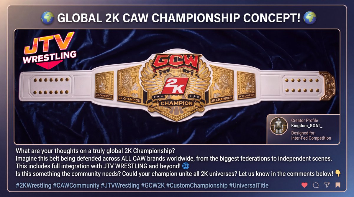 jtvwrestling's tweet photo. WIth our new partnership with GCW (great change wrestling) #JTVWRESTLING wants to know what you think of a proposed new 2k championship that can be defended on any and all efeds/caw shows worldwide, would you be interested in this? https://t.co/iZMDefmjgi