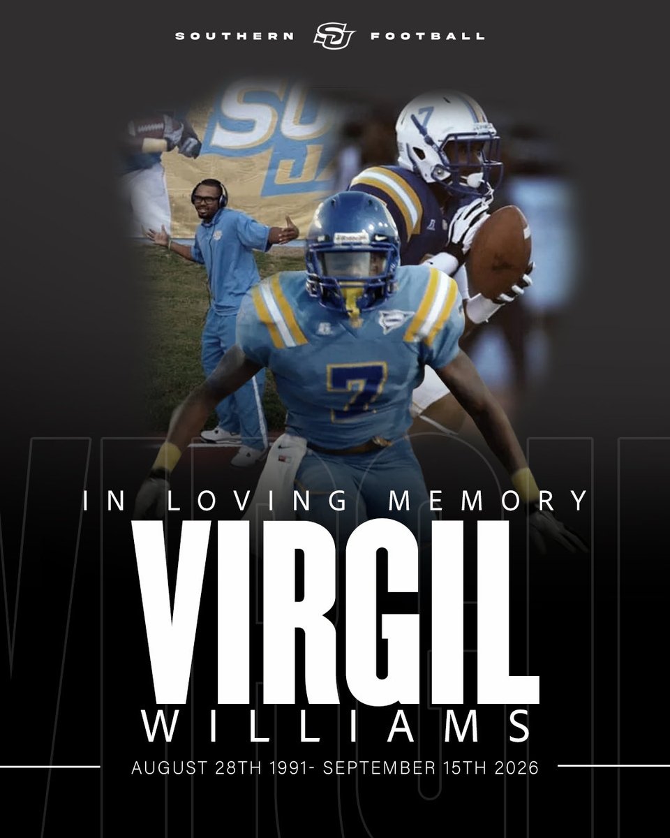 GeauxJags's tweet photo. The Southern University Football family &amp; the entire Jaguar community, mourns the passing of Virgil Williams. We extend our deepest condolences to his family, friends, and loved ones during this difficult time. His memory and impact will forever remain a part of the SU family. https://t.co/2DumZcawx5