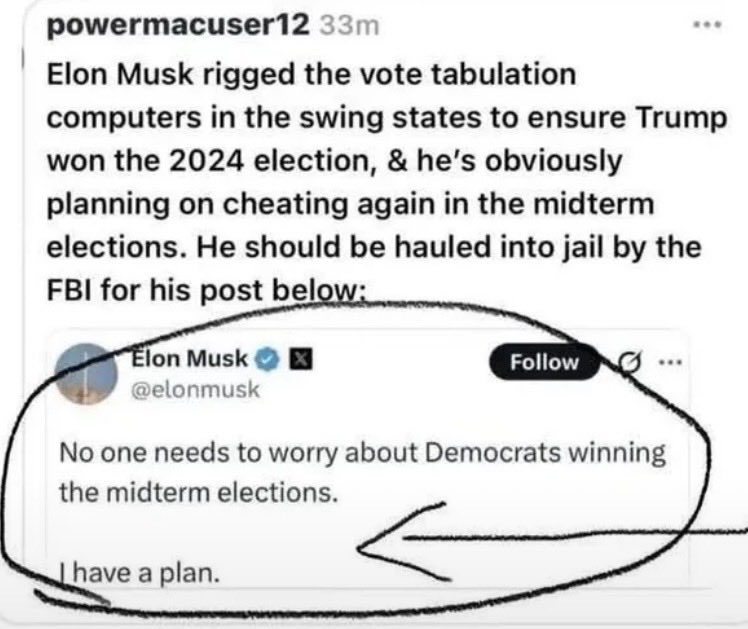 commons96055467's tweet photo. Here we go again. 
Elon is our problem! 
Elon is back again for 2026 midterms to fuck it up for democrats. 
This is a warning 🚨🚨🚨Please read:
So, Elon spent over $280 million in electing trump. His platform X algorithm constantly teased white and Latino young man, that trump is their answer. He ran a lottery in the swing states to collect voters information. He called his buddy Putin to call in bomb threats in democratic precincts, and to shut it down for hours. He had SpaceX and Starlink in a precise position. The voting machines were powered by Elon’s SpaceX. The swing states swung dramatically to trump. Elon knew trump won 4 hours before the election was called. His young impressionist son confessed to Joe Rogan that it had something to do with SpaceX, and he knew it. The sweet boy told trump to his face in the Oval Office that he was not the president. Elon later, months after a tangle with trump tweeted, trump could never have been elected without me. The Republican house and senate neither. Elon said months before the election that it’s so easy to hack voting systems. Trump, in a moment of stupidity told the world that Elon knows how to fix the numbers with computers. So he can do that and more this midterm. 
Elon may have lied in his citizenship naturalization application about his illegal stay in the US, over staying his student visa in America and not attending college. 
Deport Elon’s ass today before it’s too late. The mid terms will be Elon’s fuckery. This America can’t survive his plan.