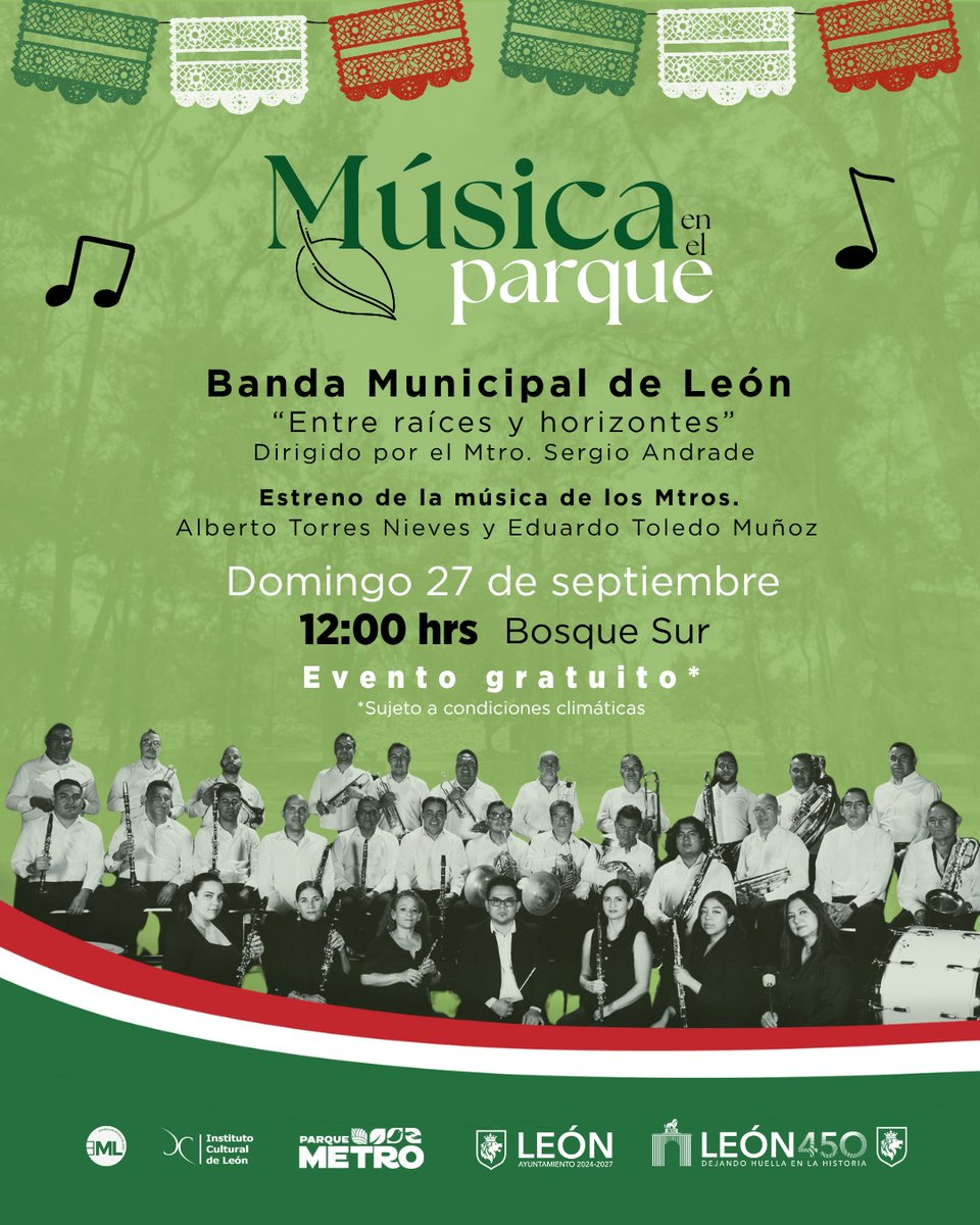 CulturaLeon's tweet photo. 🎶🎵La Banda Municipal de León llega al @parkmetroleon para presentar un repertorio de lujo, además de estrenar piezas de los maestros Alberto Torres Nieves y Eduardo Toledo Muñoz.

Nos vemos el próximo domingo 27 de septiembre, al mediodía. 🙌 https://t.co/V68RrhQ8bt