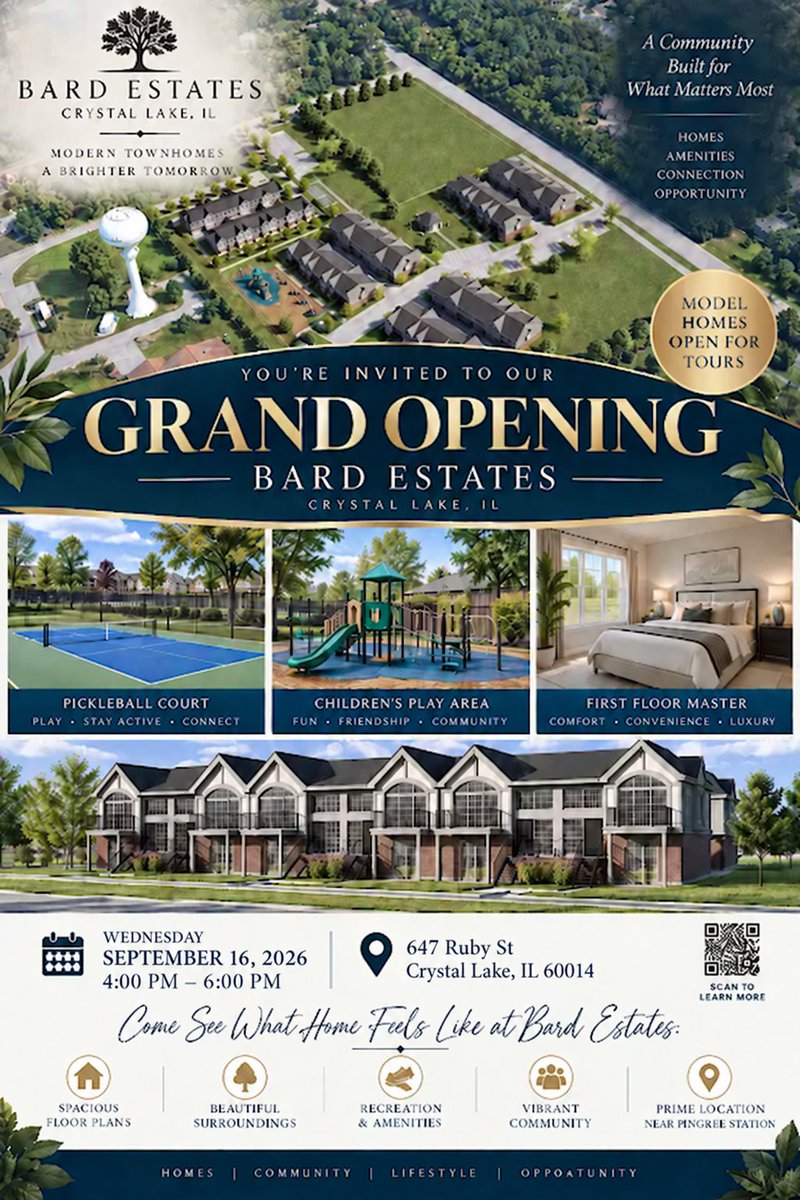proJADES's tweet photo. Modern townhomes, brighter tomorrows.  The wait is officially over! Come experience Bard Estates firsthand at our Grand Opening event. Model homes are officially open for tours. 647 Ruby St, Crystal Lake, IL. https://t.co/VMOsXdNcwp