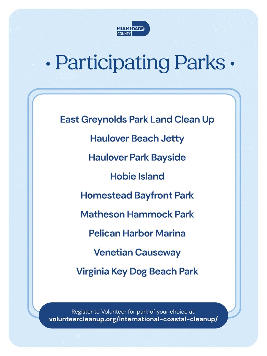 MDCEnvironment's tweet photo. Miami-Dade County is coming together for our coast! 🌊

Join 3,500+ volunteers at 70+ cleanup sites from Aventura to Homestead for the 41st Annual International Coastal Cleanup on Saturday, September 19.

📍Choose a cleanup site near you and register at https://t.co/N1djejZqYP https://t.co/h4SZlrheFd