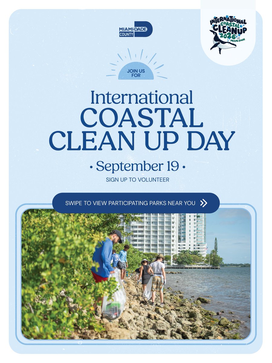 MDCEnvironment's tweet photo. Miami-Dade County is coming together for our coast! 🌊

Join 3,500+ volunteers at 70+ cleanup sites from Aventura to Homestead for the 41st Annual International Coastal Cleanup on Saturday, September 19.

📍Choose a cleanup site near you and register at https://t.co/N1djejZqYP https://t.co/h4SZlrheFd