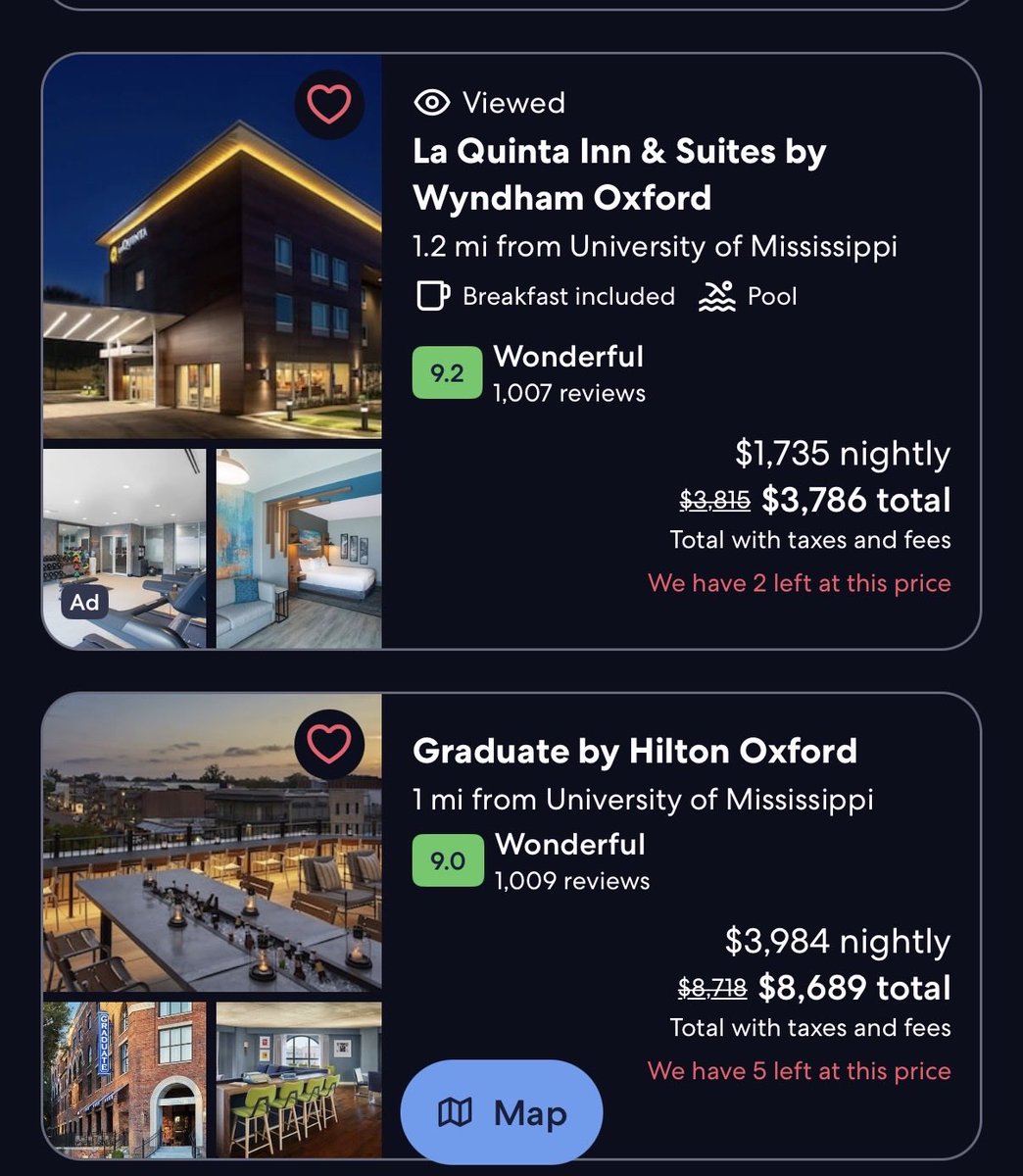TreyWallace's tweet photo. Looking for a last minute hotel in Oxford this weekend for LSU versus Ole Miss? 

The La Quinta will only cost you $1,735 a night

The Graduate, an easy $3,984 a night. 

Airbnb’s are making their season, on one weekend. https://t.co/a1Sdn2tYK2