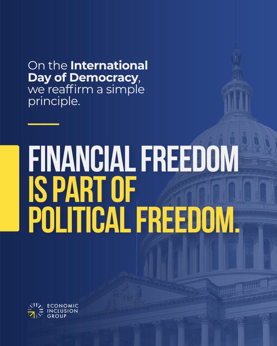 econinclusiong's tweet photo. Democracy depends on citizens being able to organize, dissent, and participate without fear of economic retaliation.

When activists, nonprofits, businesses, or political voices can lose access to banking because of who they are or what they believe, financial exclusion becomes a threat to democratic participation.

On the International Day of Democracy, we reaffirm a simple principle: financial freedom is part of political freedom.