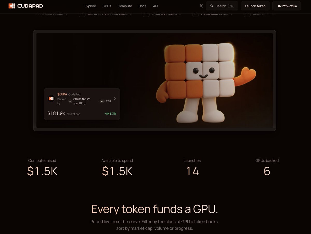 cudapad's tweet photo. We seeded the GPU pool with $1,500 today so day-one launchers can run jobs right away.

14 launches, 6 GPUs backed, $1,500 available to spend.

Fees take over from here. https://t.co/Zl0ZArMYNH