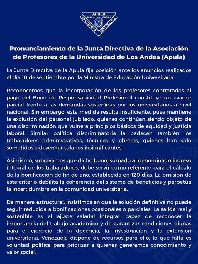 FAPUV's tweet photo. Lo dijo la APULA: los bonos ocasionales o parciales no solucionan la crisis de los universitarios. Tampoco la discriminación a jubilados, empleados y obreros. La soluciona un salario suficiente que represente el valor del trabajo académico.
#SalarioDignoYA https://t.co/U1pGT6KTqO