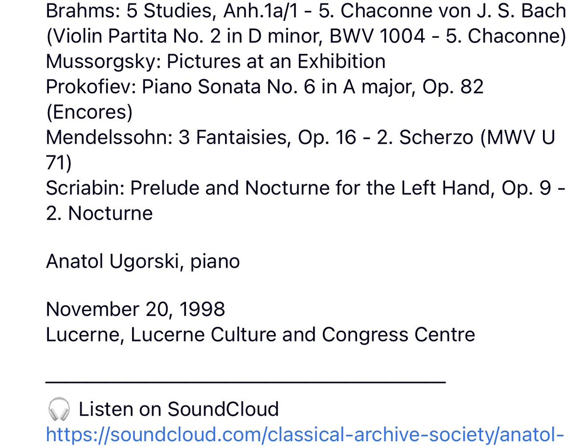 ClassicalArcSoc's tweet photo. Anatol Ugorski, piano

November 20, 1998
Lucerne, Lucerne Culture and Congress Centre

────────────────────
🎧 Listen to this recording exclusively within the Community.

Interested in joining? You can apply for membership here:
https://t.co/q7KnUpmrW7 https://t.co/IHNFNxa2AM