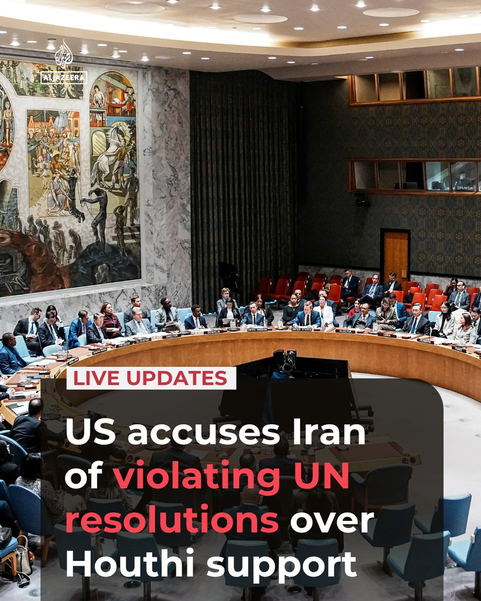 AJEnglish's tweet photo. The US accuses Iran of violating UN resolutions by arming, funding and directing Yemen’s Houthis, and calls for the group to halt attacks. 

🔴 LIVE updates: https://t.co/h34fbUhrcH https://t.co/eMCV32zJIx