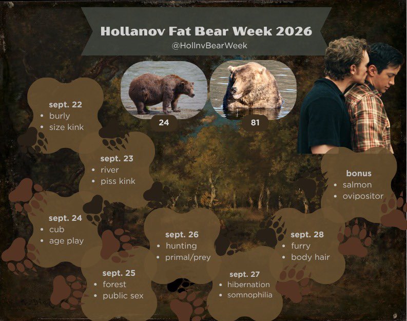 HollnvBearWeek's tweet photo. HELLOOOO bearheads! Super excited to bring y'all the prompts for Hollanov Fat Bear Week 2026 🐻😁🏳️‍🌈 https://t.co/1U7k5LrzOr