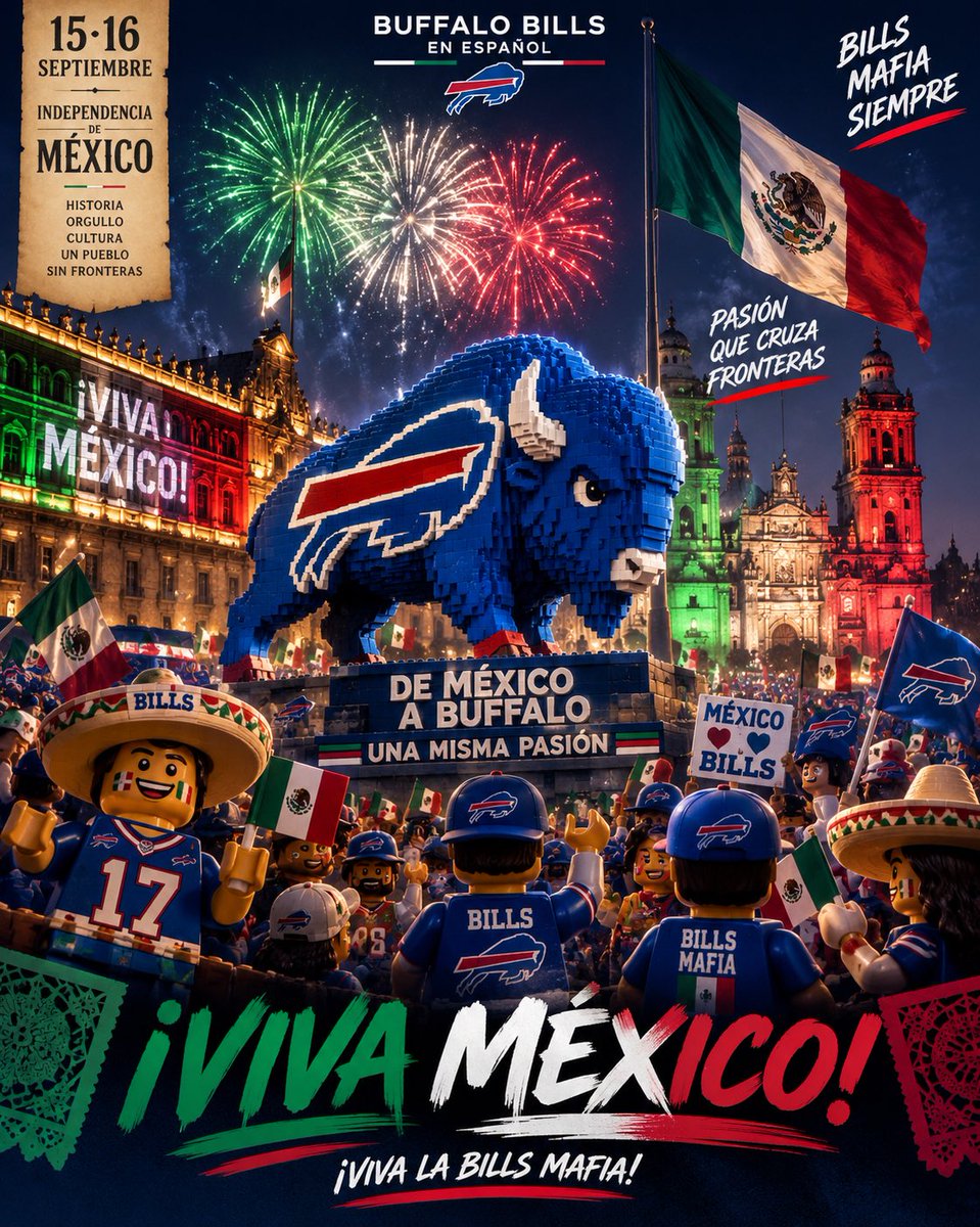 BuffaloBillsEsp's tweet photo. Esta noche, desde cualquier rincón donde haya un mexicano y un miembro de la #BillsMafia, que se escuche fuerte nuestro Grito.

Porque la distancia podrá separar ciudades y países, pero nunca nuestra pasión.

¡Viva México! 🇲🇽
¡Viva la Bills Mafia! 🦬❤️💙 https://t.co/YXQK2StlTU