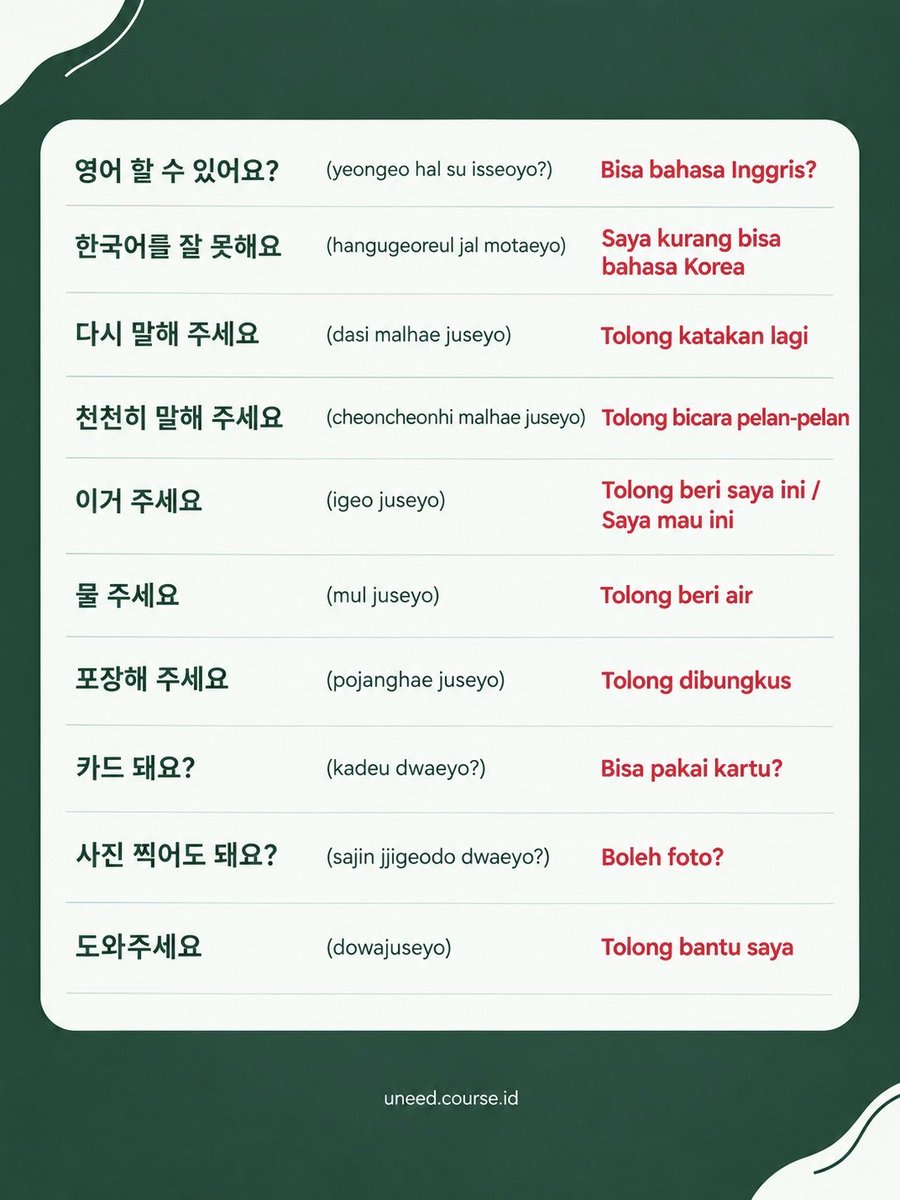 CourseUneed's tweet photo. Coba hafalkan ini dulu sebelum nanti kamu ke Korea 🇰🇷 #bahasakorea #belajarbahasakorea #korea #kursusbahasakorea https://t.co/lNNdUdbkaw