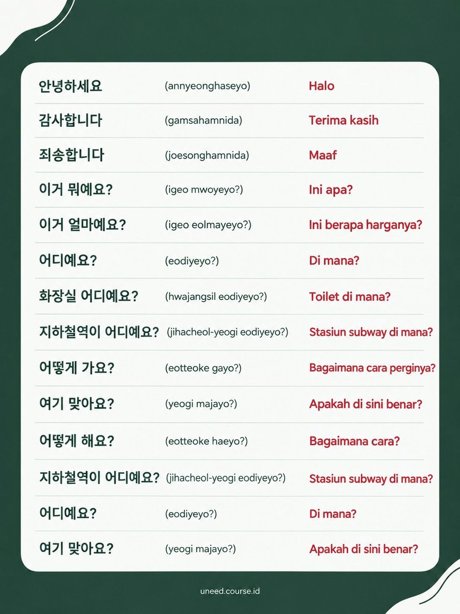 CourseUneed's tweet photo. Coba hafalkan ini dulu sebelum nanti kamu ke Korea 🇰🇷 #bahasakorea #belajarbahasakorea #korea #kursusbahasakorea https://t.co/lNNdUdbkaw