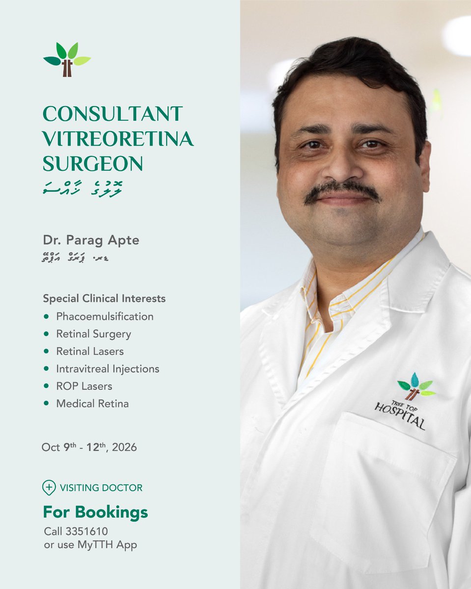 treetophospital's tweet photo. Dr. Parag Apte, Visiting Consultant Vitreoretina Surgeon

Dr. Parag will be consulting from October 9th to 12th, 2026.

For appointments call 3351610 or email: care@treetophospital.com

Learn more about Dr Parag: https://t.co/ZwPbYLJhA5

#TTH #ExcellenceinHealthcare https://t.co/XPsnrVosS6