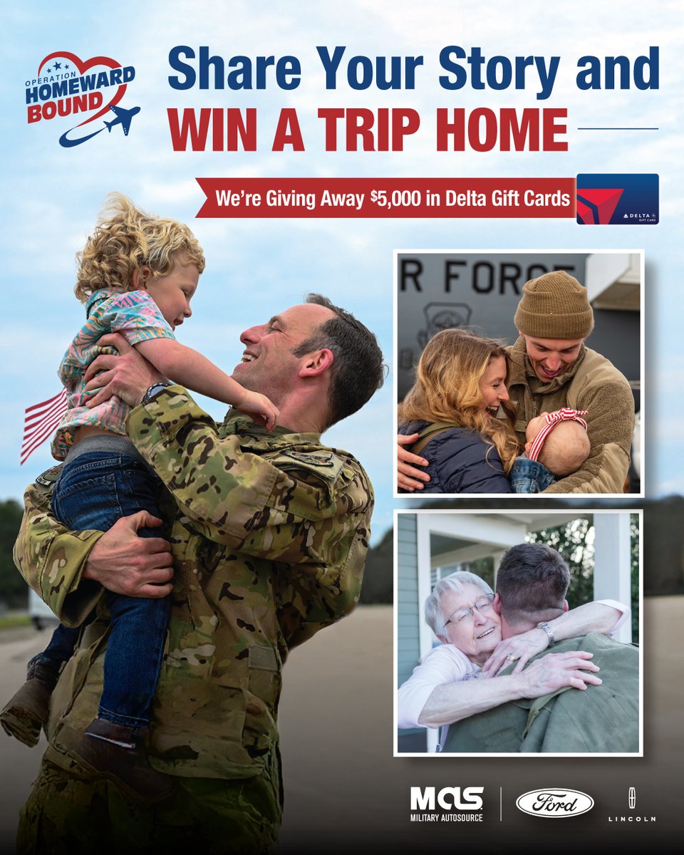 ShantellCypert's tweet photo. Military AutoSource and Ford are giving away $5, 000 in Delta Gift Cards in the 9th annual Operation Homeward Bound Contest, reuniting overseas service members with loved ones. Share your story or nominate a fellow service member. https://t.co/swKTikaUXq
