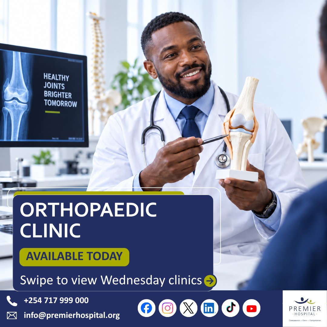 PremierHospKE's tweet photo. Keep moving with the right specialist support.
Our Orthopaedic Clinic is featured this Wednesday, with other specialist clinics also available at Premier Hospital.
Book your appointment today.
#PremierHospital #OrthopaedicCare #WednesdayClinics #Mombasa #Nyali #HealthcareKenya https://t.co/OJMMAWUrhw