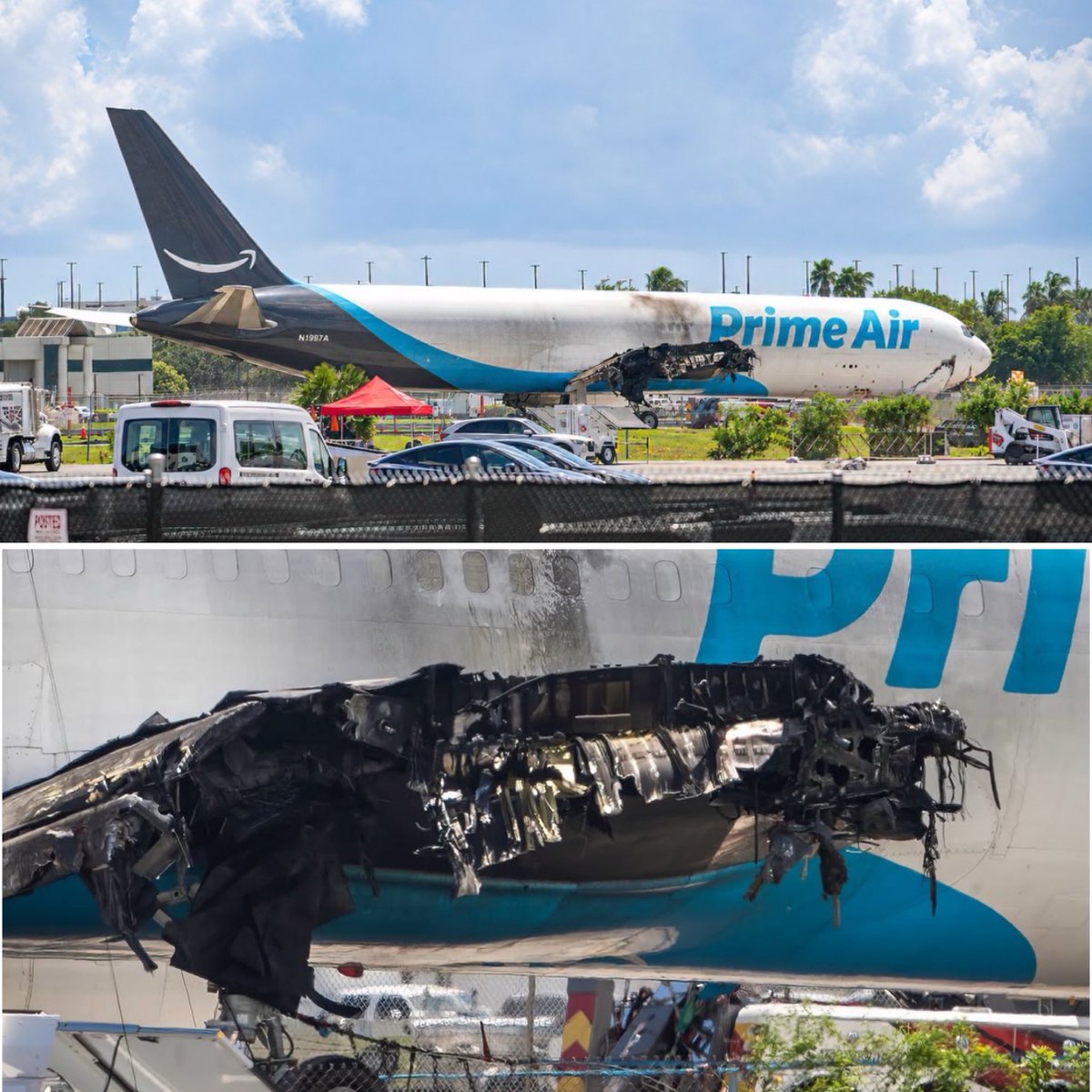 airplusnews's tweet photo. 🔴 Le retrait de l’épave du Boeing 767-300F de 21 Air, opérant pour Amazon Air, a débuté à Miami.

L’appareil, immatriculé N1997A, avait effectué une sortie de piste lors de son atterrissage à l’aéroport international de Miami le 6 septembre, avant de terminer sa course près d’un parking et de prendre feu.

Le crash avait fait 5 morts au sol et plusieurs blessés. L’enquête du NTSB se poursuit.