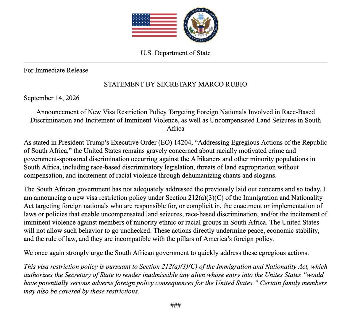 newswireZW's tweet photo. The US government has announced visa restrictions on South Africans it claims are involved in “government-sponsored discrimination” against white South Africans.

It’s the latest in a series of US actions against South Africa, including aid cuts, offering refuge to Afrikaners and expelling SA’s ambassador.