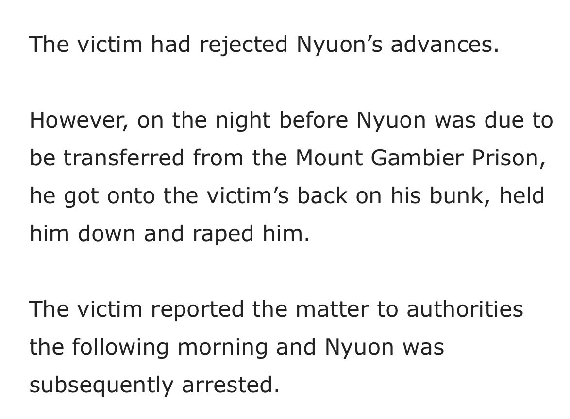 Crusader187's tweet photo. I have discovered Wichthiel William Nyuon, brother of ABC Q+A Participant Nyadol Nyuone, Australian of the year nominee and Advisor to Tanya Plibersek was convicted of raping his cellmate in Mt Gambier prison while serving a 9 month conviction for assault. 
Full Story below * https://t.co/9e7yuX5CZG