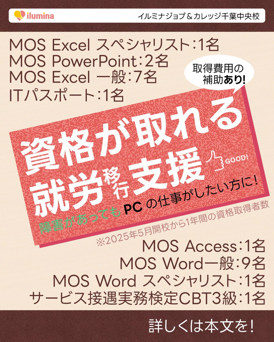 iluminachibachu's tweet photo. 当事業所の就労移行支援では就職活動に有利な「資格取得」を全面サポート！

「スキルを身につけたいけど費用が心配…」という方もご安心ください。
では学習教材や資格の受検費用を補助しています💡

特にMOS資格（Word・Excelなど）の実績が多数！
まずは気軽にご相談ください！

#就労移行支援 https://t.co/rUuAMJwdtk