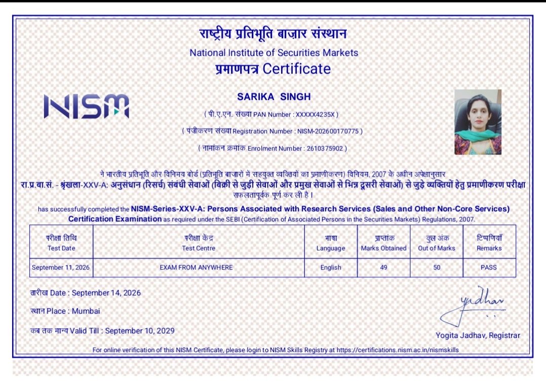 SarikaSingh077's tweet photo. Super excited to share a major personal milestone—I’ve passed my #NISM exam with 98% and am now officially certified!
#LearningNeverStops
#NISMCertified #CareerGoals
#FinancialMarkets #AchievementUnlocked
#FinanceJourney #NewMilestone #KotakSecurities #PrudentFinmart
...+ https://t.co/DUdGWp2NPV