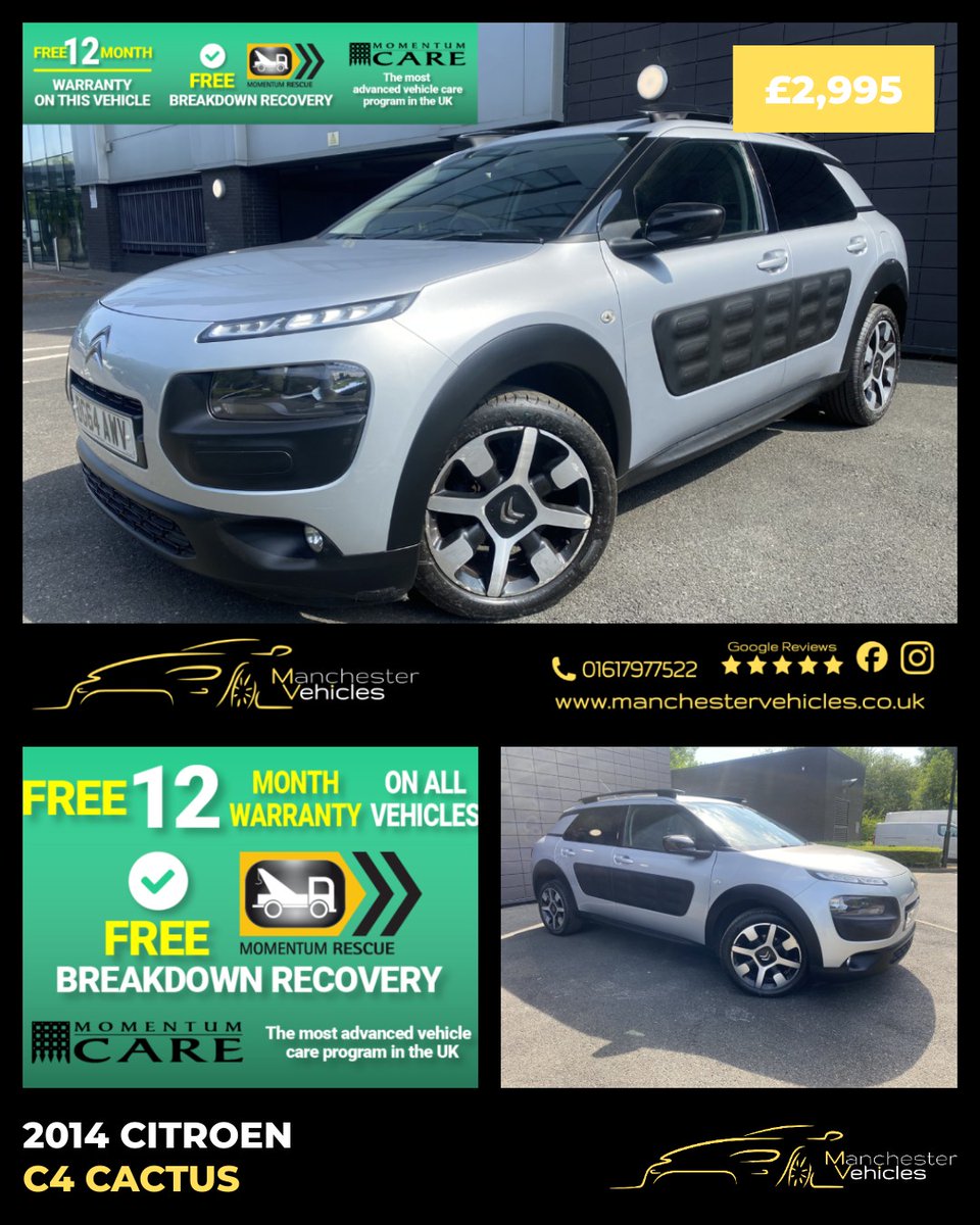 DerickGamelev's tweet photo. 2014 CITROEN C4 CACTUS 1. 6 BlueHDi Flair - £2, 995 
1. 6L diesel, manual 
97, 000 miles 
Warranties available 
Part exchange welcome 
Buy with confidence—read our 5-star reviews 
Contact us: 07931 899177 | sales@manchestervehicles. co. uk https://t.co/gLqXpYDcVV