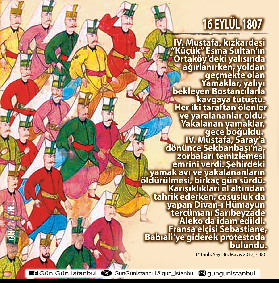 gun_istanbul's tweet photo. Osmanlı lonca örgütlenmesinin vergilendirilmesi konusunda bize önemli ip uçları sunan yamaklık uygulaması loncaların avarız niteliğindeki vergilerini ödemeleri sırasında karşımıza çıkan bir olgudur. #I807 #IVMustafa #EsmaSultan #Yamaklar #Bostancılar #idam #protesto #İstanbul #İstanbulunTarihi #GünGünİstanbul @tarihdergi