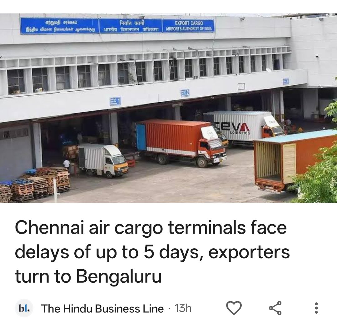 sridhucbe's tweet photo. @CMOTamilnadu @TVKVijayHQ @Keerthana4VNR @AadhavArjuna @aaichnairport @UpdatesChennai 

another low for chennai airport..this time cargo terminal..all choked due to space and losing business to Bangalore airport.Time to do something urgently for new airport https://t.co/2Bg4yCzbUn