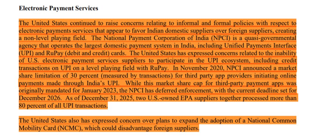 Neetivaan's tweet photo. America raises concerns over India’s policies that appear to favor domestic payment like Rupay over foreign competitors within UPI system.

USTR report 2026 👇 https://t.co/HsWvjjHLqO