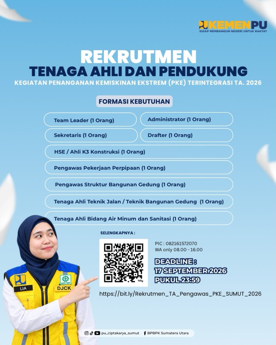 bisakerja_id's tweet photo. Kementerian Pekerjaan Umum (PU) lagi open lowongan

Deadline upload dokumen 17 September 2026 pukul 23:59 ya Kawan PU!

Semoga ini rezekimu https://t.co/vjK1vipbKY